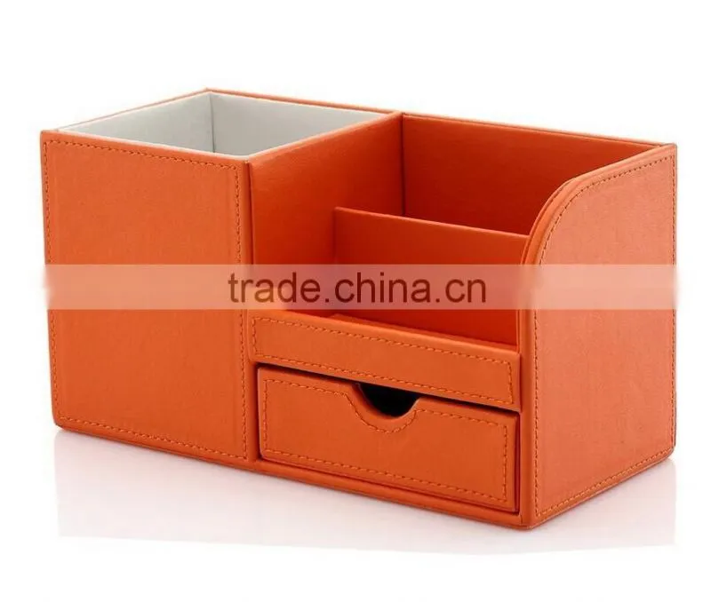 Pu Faux Leather tidy tray pen pot desk orgainser hot sell brush pot multifunction PU leather pen desk organizer