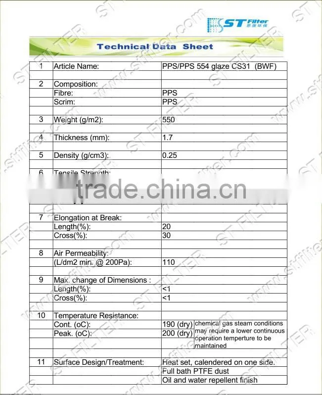PPS dust bag,water oil repellent filter bag,Dia160*6100mm