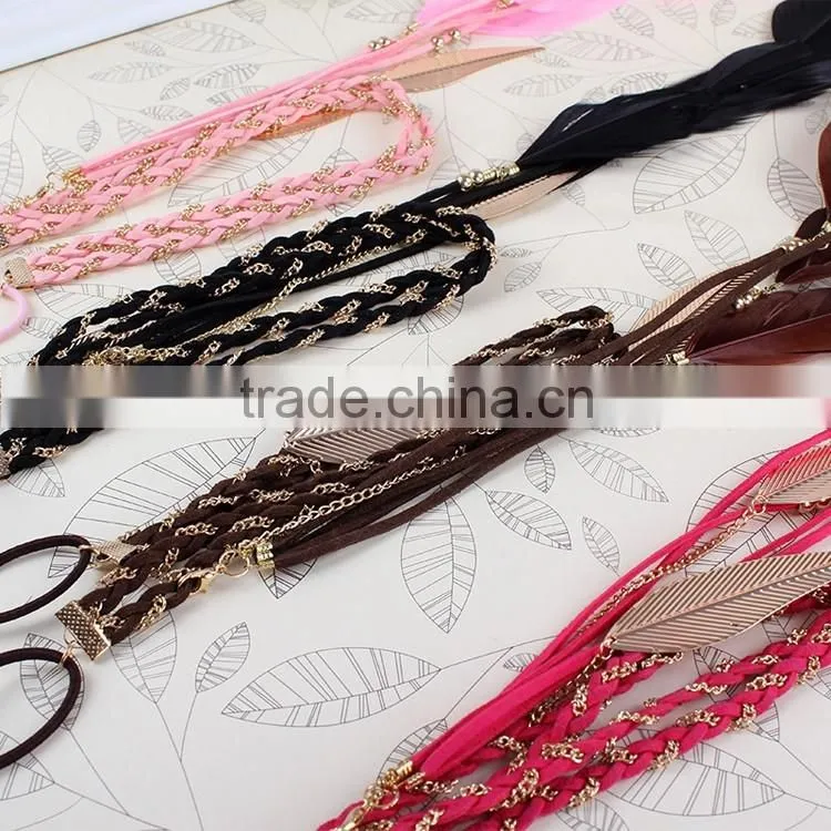 mix colors indian braided feather long elastic hair bands