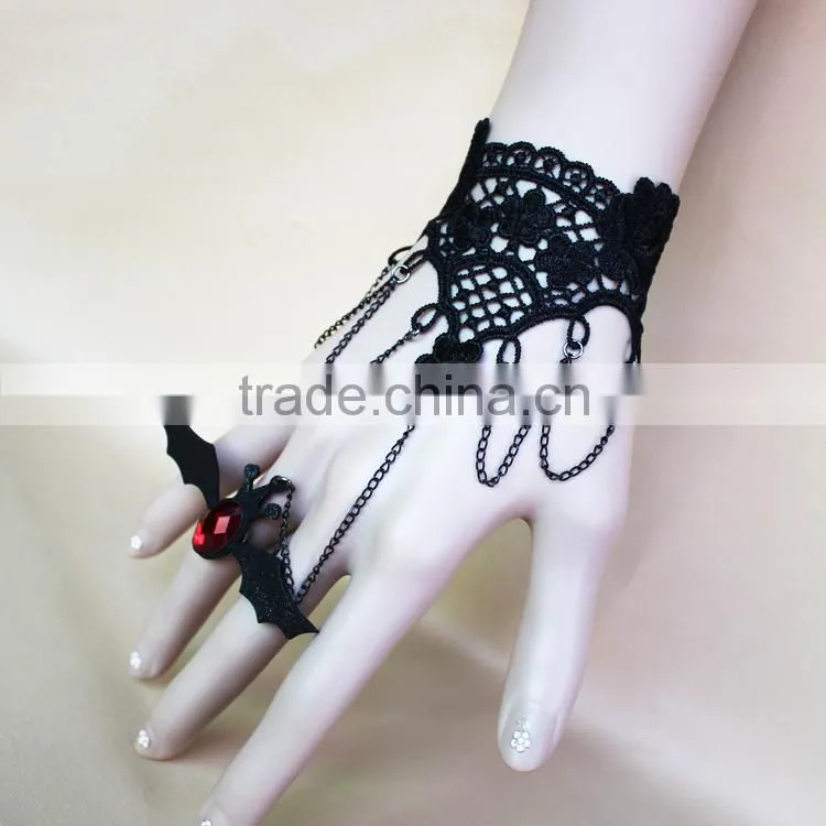 bat hanging hallowmas bracelet, gothic slave bracelet with ring