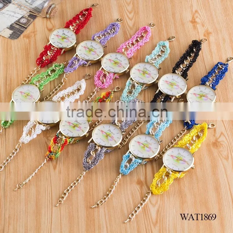Women New Classic Geneva Ethnic Braided Analog Quartz Chain lips watch strap