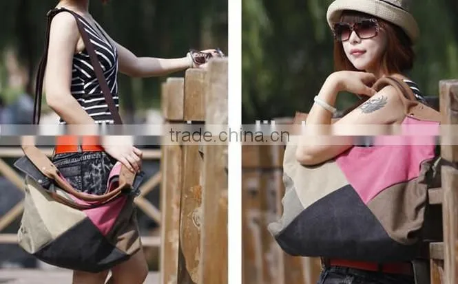 women handbags 2015 autumn female canvas big handbags brief easy matching color block patchwork travel casual handheld bag