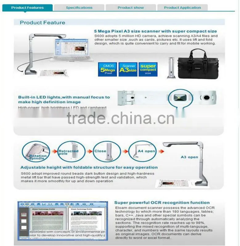 A3 document camera, high speed document scanners 5mp,usb 2.0 interface to connect comupter, with advanced ocr technology