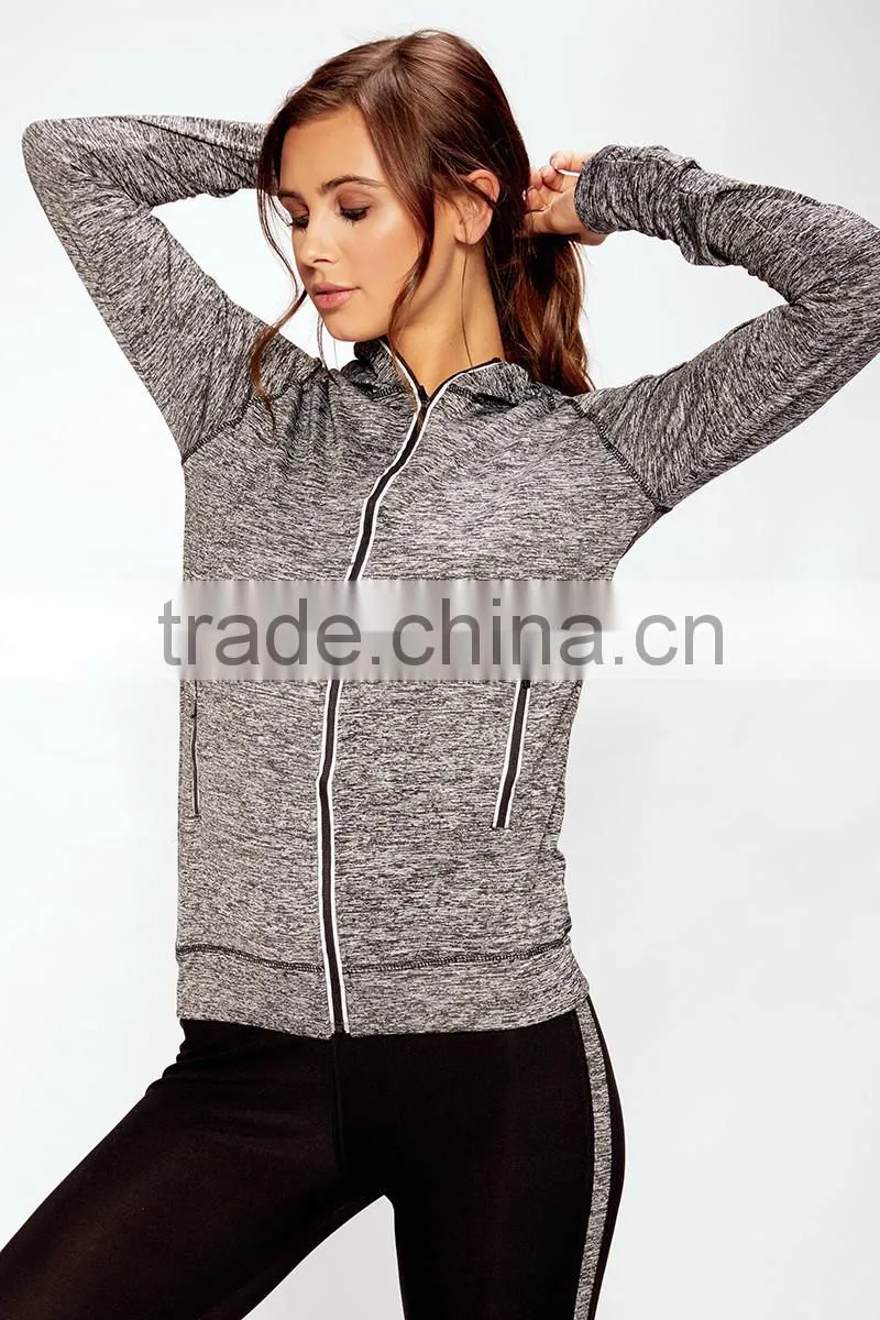 Brazilian Gym Wear Clothing Wholesale Zip Front Grey Hooded Jacket Side Pockets Sports Running Women Gym Wear 2017