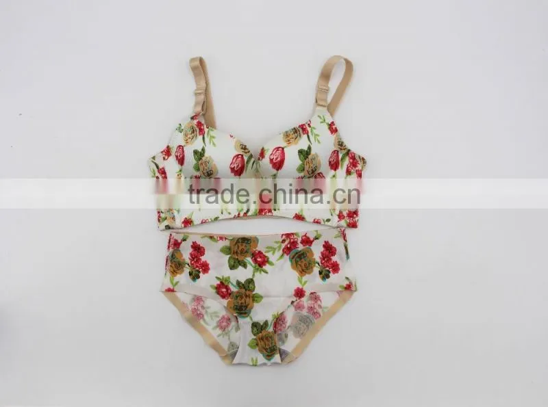 Printed roses brushed one peice seamless underwear gather comfortable adjustable bra set
