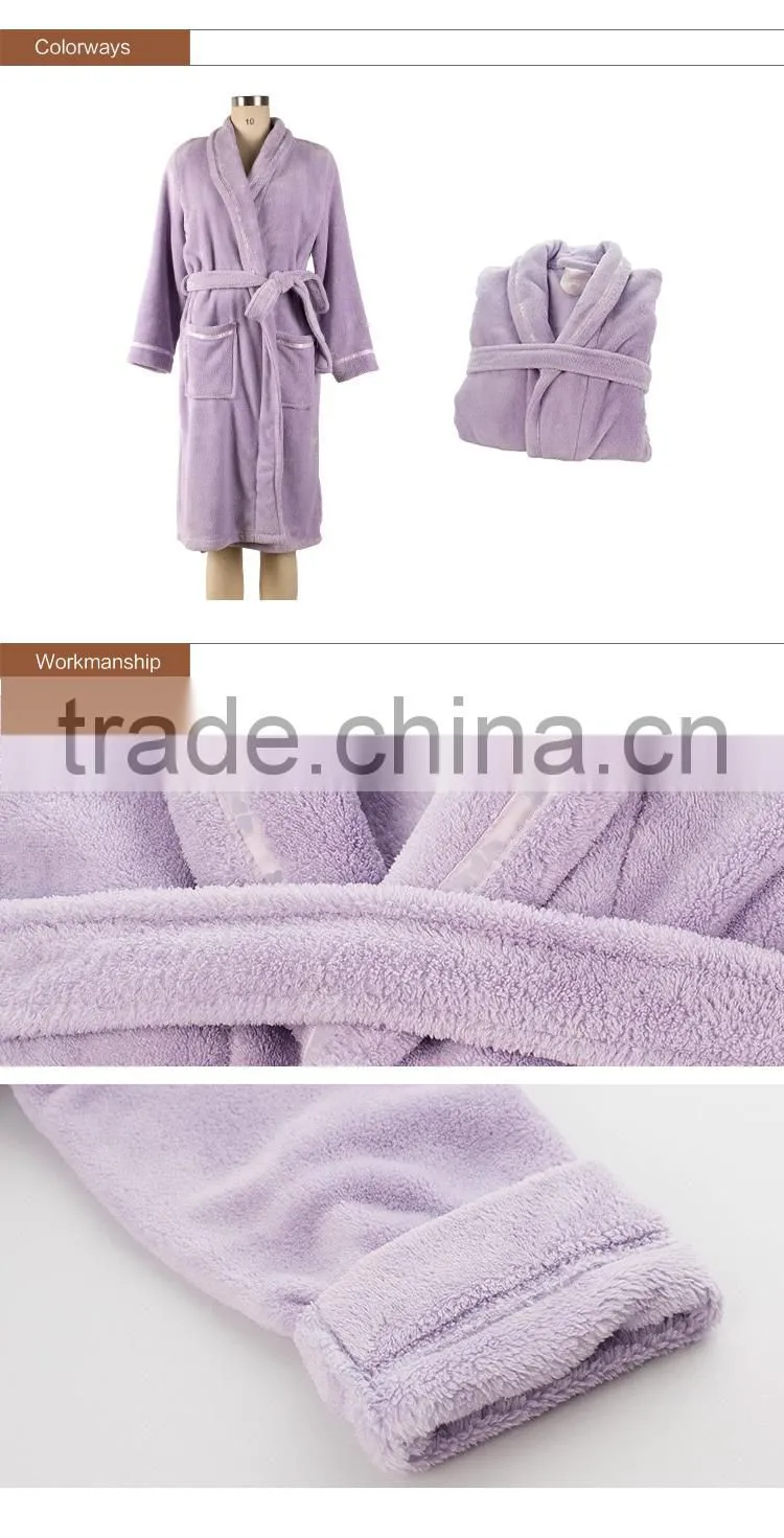 Microfiber Coral Fleece Bathrobe with piping in solid Color,women bath robes