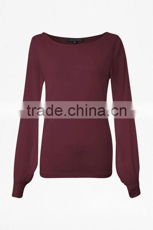 Ladies Jersey Top with sheer sleeves and gathered cuffs