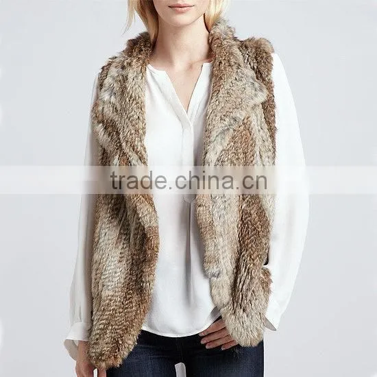 YR321 New RU Design Turn-down Collar Real Natural Knitted Rabbit Fur Vest