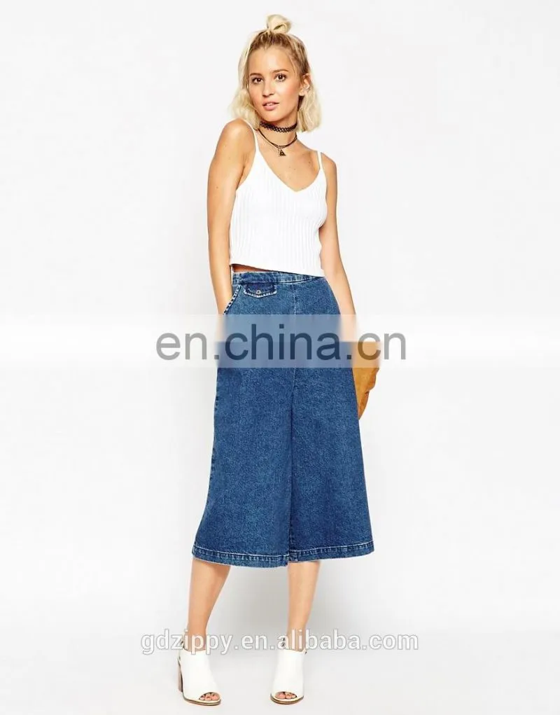 2015 New Fashion Denim Culottes Pants in Mid Blue Wash for Women
