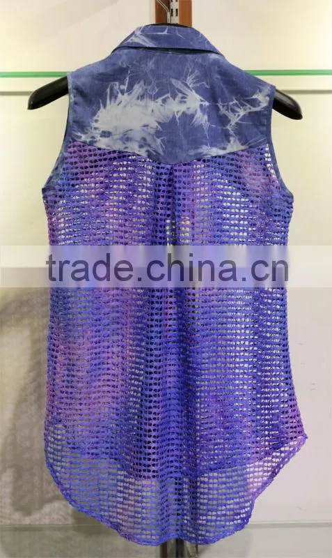 Purple and blue hollowed-out sleeveless tops with a shirt collar for women