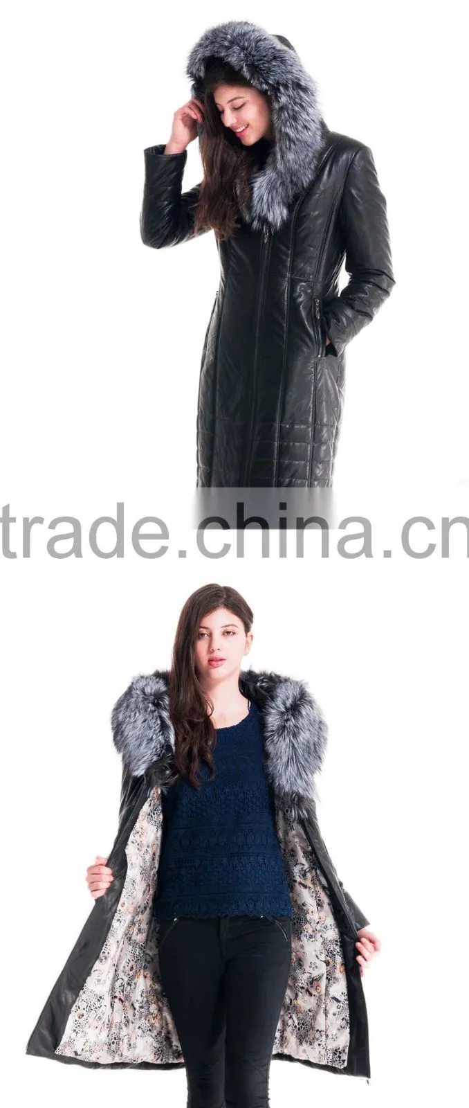 Winter Women long Leather Slim Fit Coat With Brown Fox Hat Overcoat