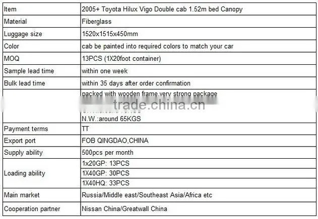 2013 Hot sale Pickup Canopy for Truck Toyota Hilux VIGO