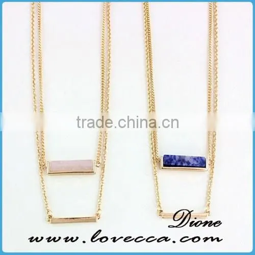 Latest New Design Ladies Thin Long Rond Type Pink and Royal Blue Natural Crystal Stone Necklace with Gold Chain