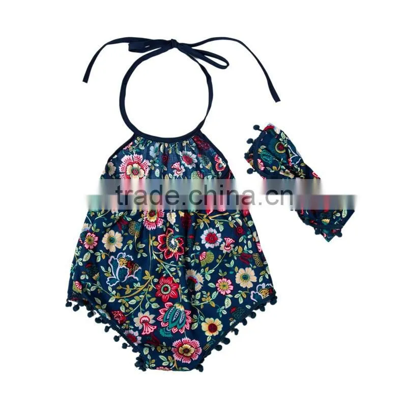 Baby Romper With Pompom And Headband.Summer Children Clothes.Floral Decoration.
