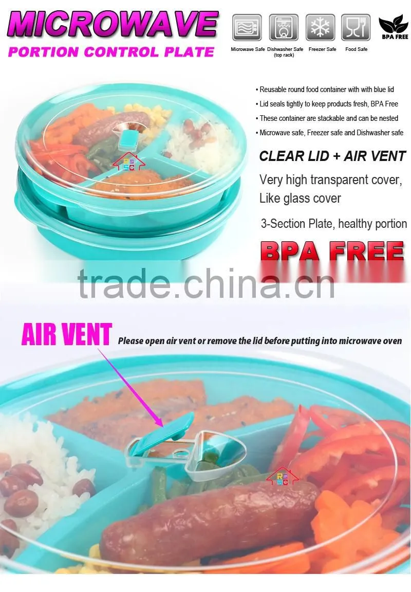 NBRSC New Design Microwave Plastic Food Storage Tray Containers 3 Compartment Divided Plates with Vented Lid