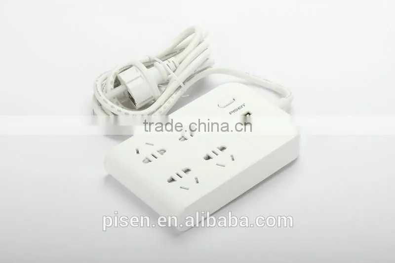 Pisen 1.8m 6ft Cable One Switch Child Protection Pasteable Euro Plug 4 Outles Smart Power Strip With 1A 2.4A 2.4A USB Charger