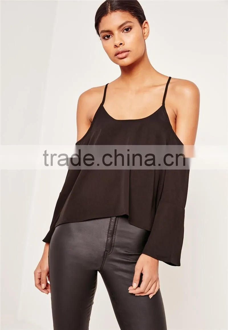 MGOO 2017 Chiffon Cold Shoulder Blouse Long Sleeves Shirts Blouses Polyester Spandex Black Loose Style