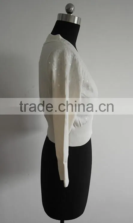 Fashion white ladies bead 100%pima cotton poncho cardigan sweater