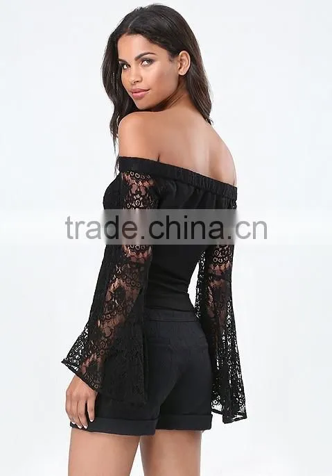 Clothes woman fashion long bell sleeve off-shoulder lace blouse black for wholesale 2017