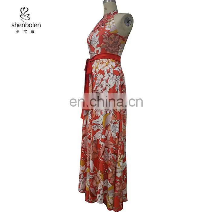 HW-048 Rayon Printed Halter Neck Wide Leg Jumpsuit With Satin Belt