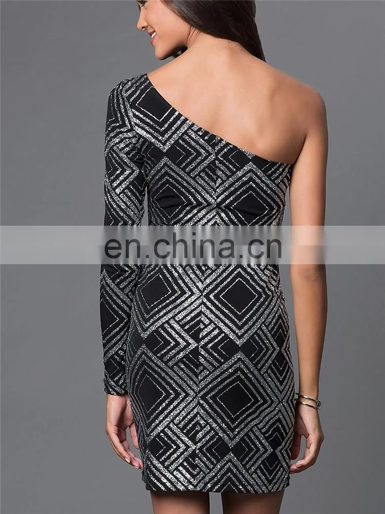 Wholesale One Sleeve Silver Glitter Print Dress Design Women Party Dresss
