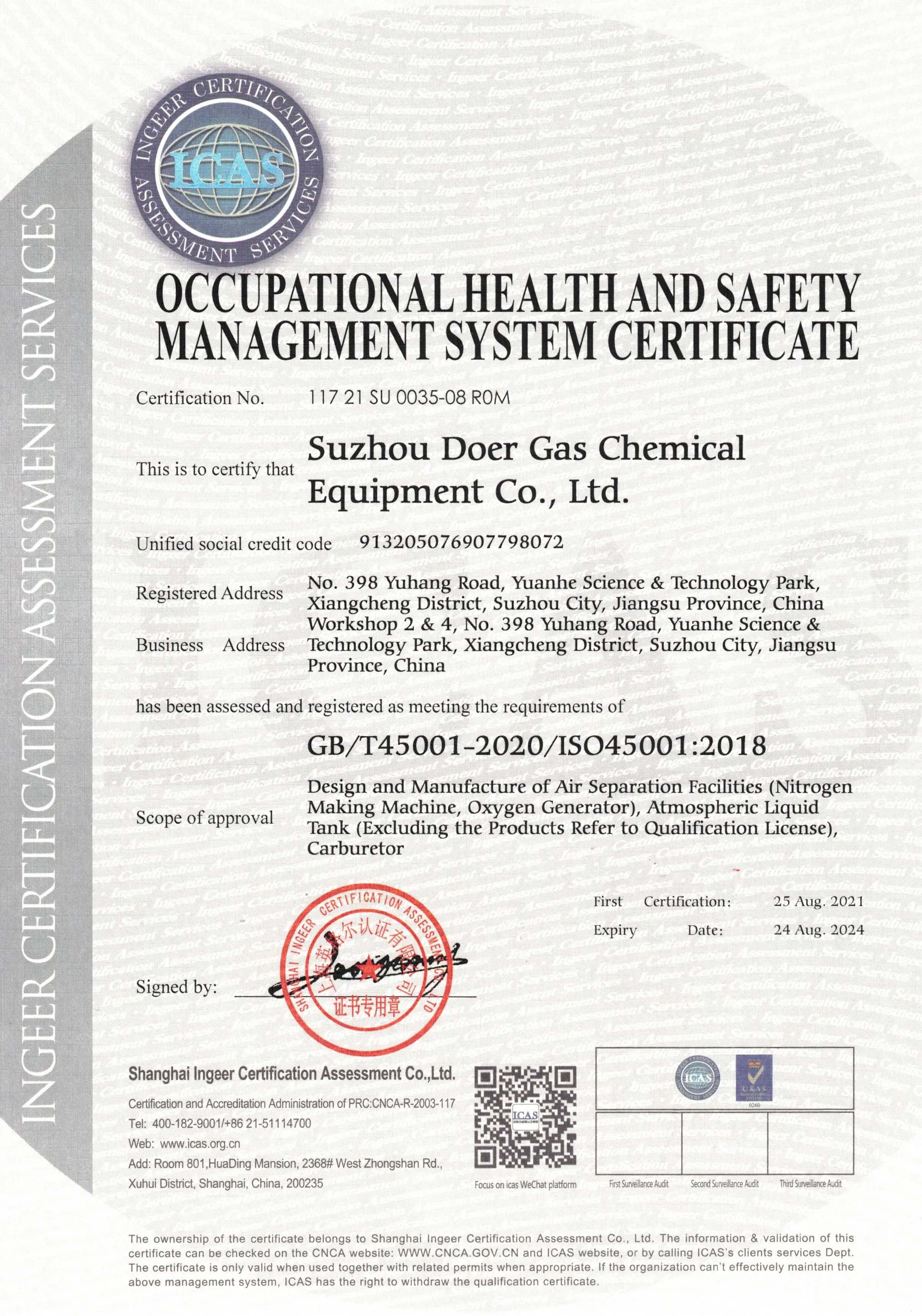 ISO 450001, OHS Management System Certificate