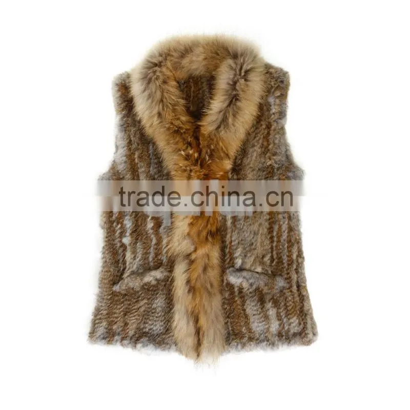 QD30434 Cheap China Bulk Wholesale Clothing Knitted Rabbit Fur Vest With Raccoon Fur Collar Clothes Women