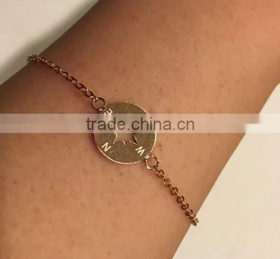 Stainless Steel gold plated hand stamped Compass Bracelet Valentine Gift Nautical Bracelet