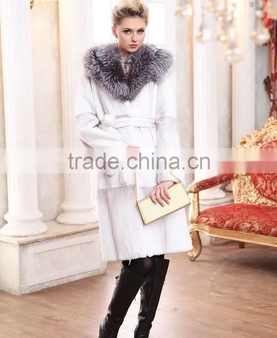 rex14014 white women's rex rabbit fur coat with fox collar