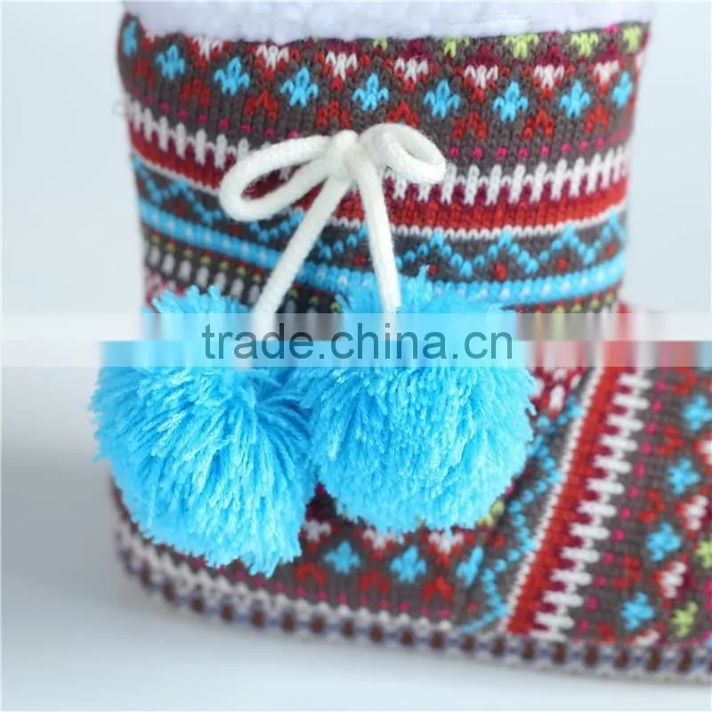 Ladies slipper knit boots with pompom
