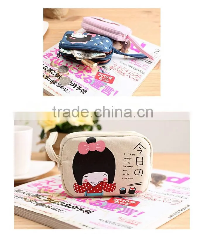 New Coming Women Girls Double Zipper Fabric Coin Purse wallet Case Mobile Phone Bag