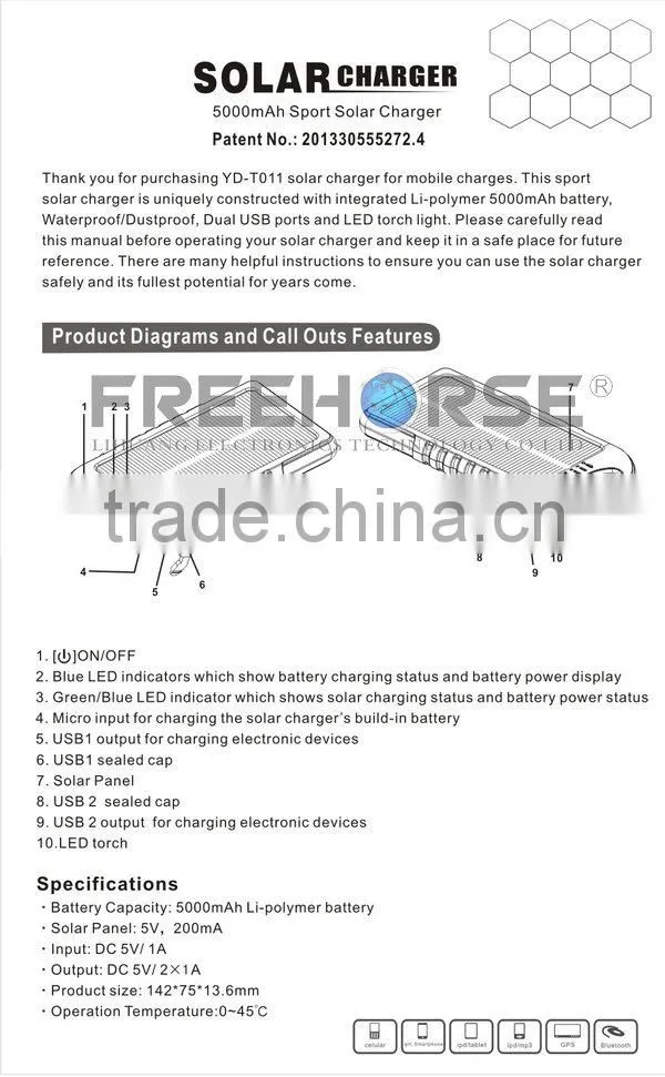 Manufacturer china,8000mAh solar power bank charger solar cell phone charger with led light