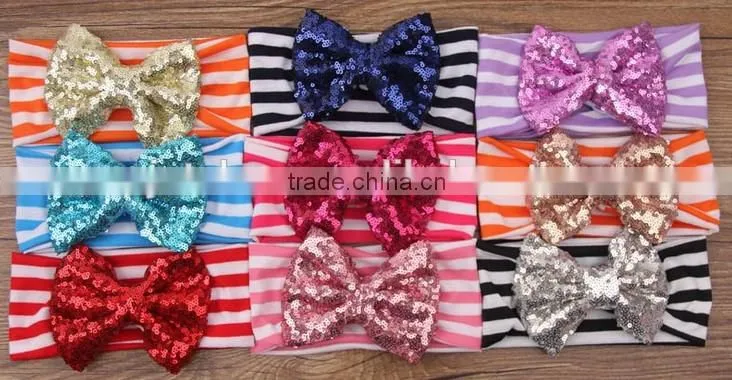 Fancy sequin bowkont headwraps - wide cotton fabric big bow elastic headband