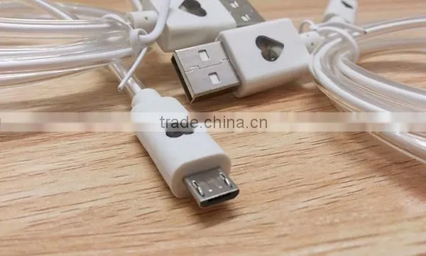 Dongguan factory price color changing crystal connector USB 2.0 LED usb cable for iphone chargers