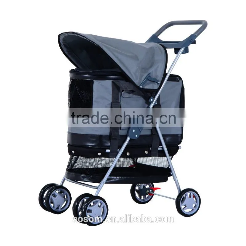 Pawhut Gray 4 Wheels Pet Stroller Awning Trolley Pushchair Carrier Dog Cat Foldable Buggy