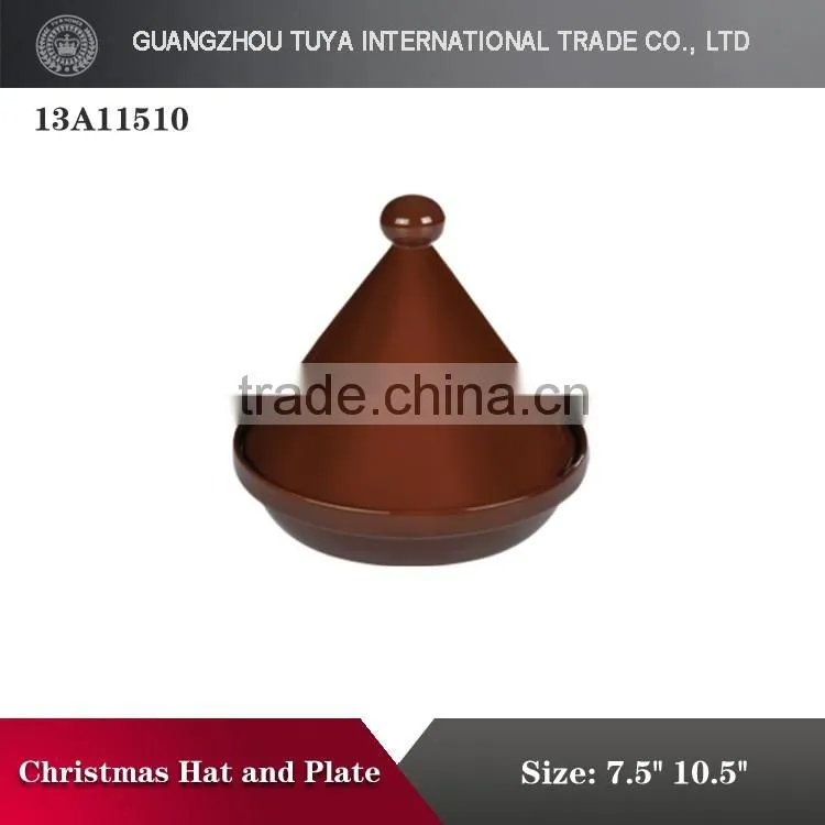 Chrismas hat shape lid & plate color glaze porcelain palate