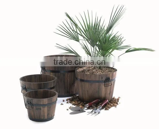Promotional set of 4 wooden barrel burntwood tub&wooden flower pot&wooden barrels&planting pot for sale