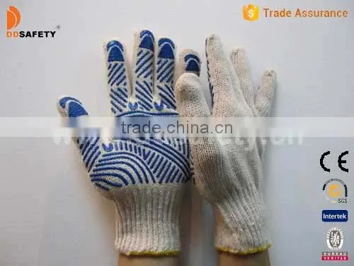7G Natural Cotton Work Gloves With Blue PVC Water Wave on Palm