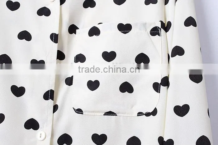Autumn Spring 2015 Long Sleeve White Heart Printing Pattern Chiffon Blouses Shirt Women Clothing blusas femininas European Style
