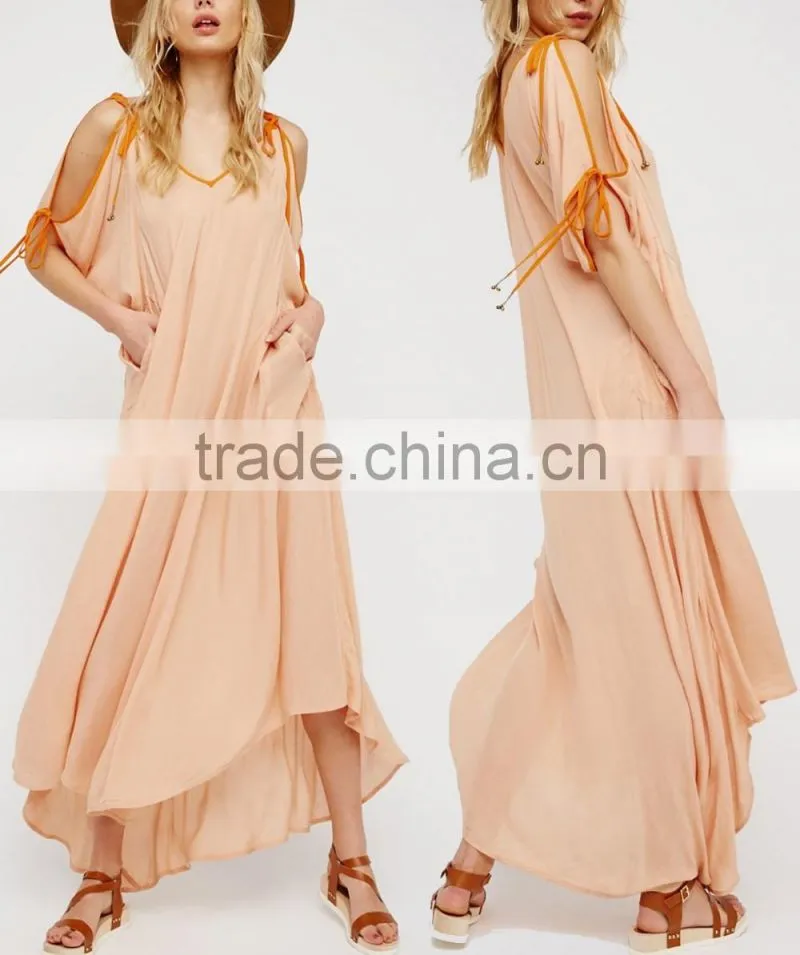 Summer Beach Flowy Effortless Sexy Ladies Nighty Maxi Dress With Cutout Shoulder HSD5948