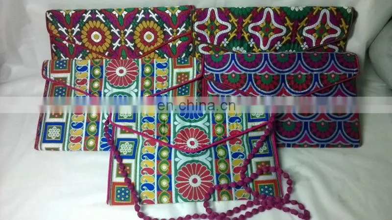 hot sale fancy beaded mirror women's girl's embroidery work hand made vogue indian clutch bag