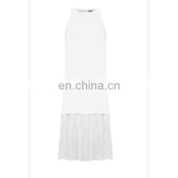 Fashion ladies clothes latest design pleat hem sleeveless white women dress