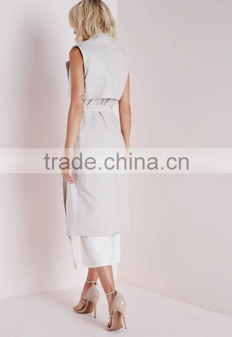2015 Women Winter Sleeveless Long Faux Suede Trench Coat