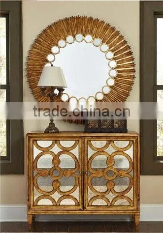 Tradition American living room furniture sectional leather sofa and gold round mirror
