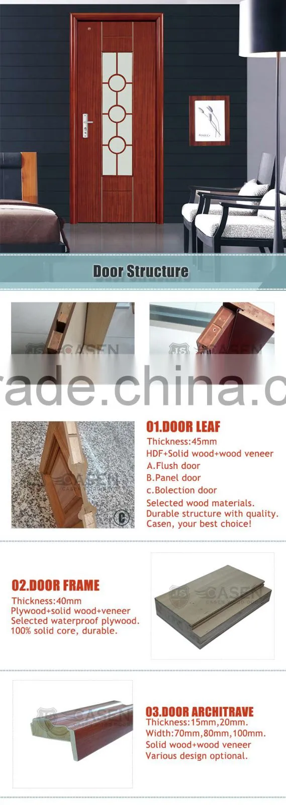 simple design Mahogany wooden office glass door