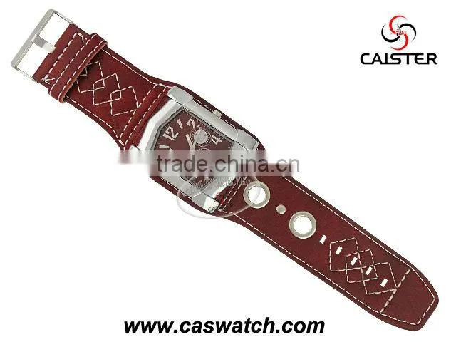 Heavy square mental watch with stitch PU leather strap