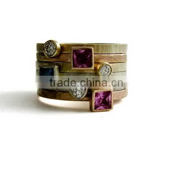 14K gold stacking ring diamonds ruby and clear gemstone stacking rings sets of 3