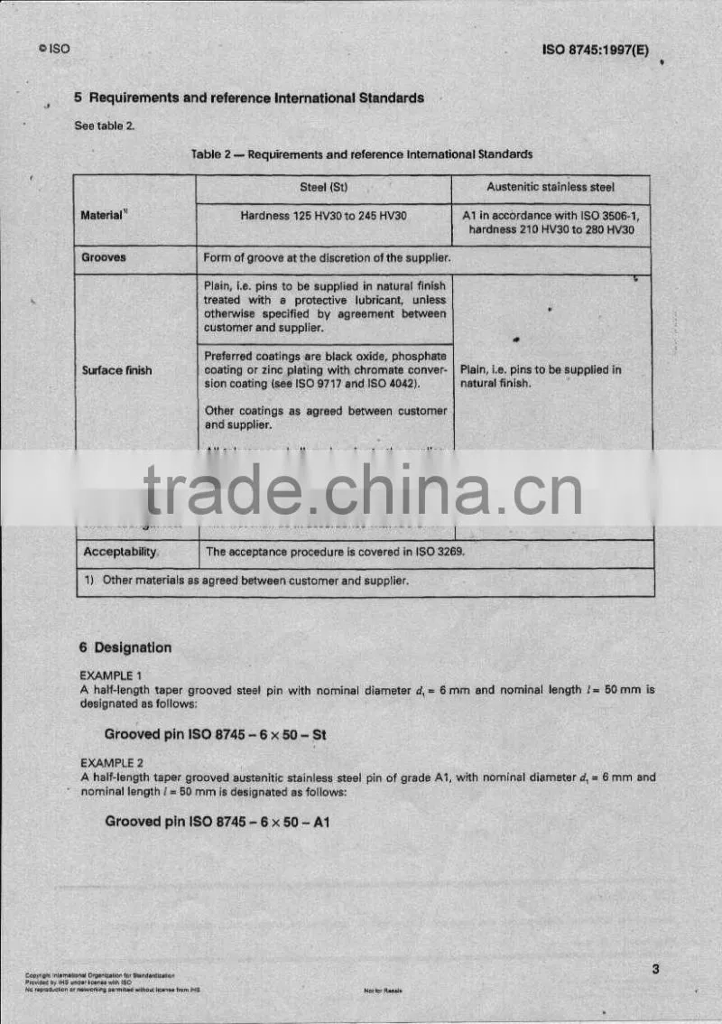 Grooved pins, half length taper grooved ISO8745