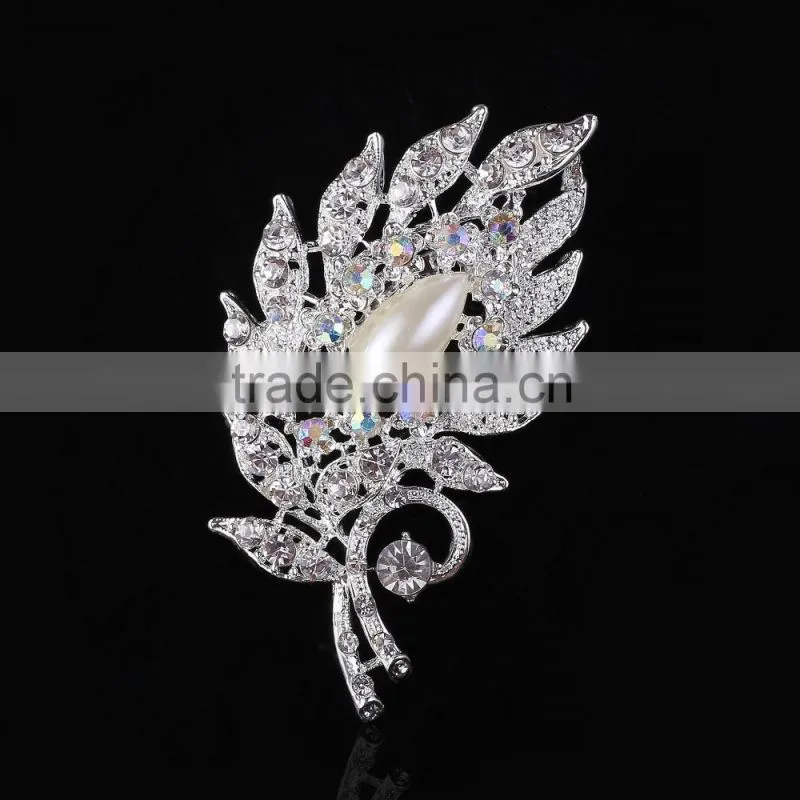 Flower Crystal Brooch With Pearls,Leaf Rhinestone Pearl Brooch Pin,Brooch For Wedding