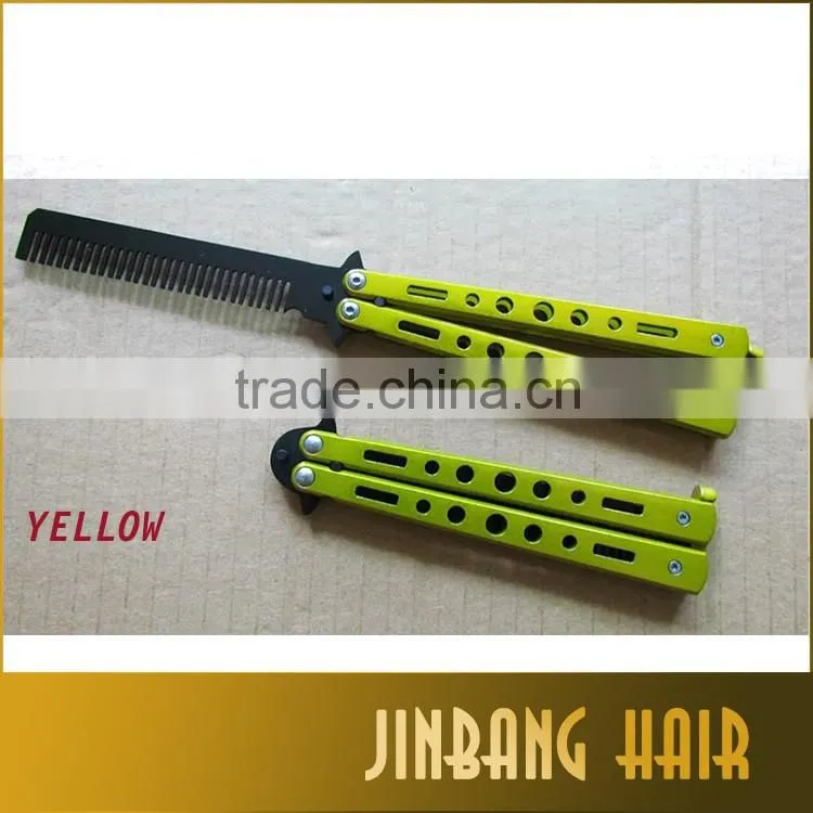 new design wholesales blue stainless steel knife comb mental practice training butterfly balisong style comb